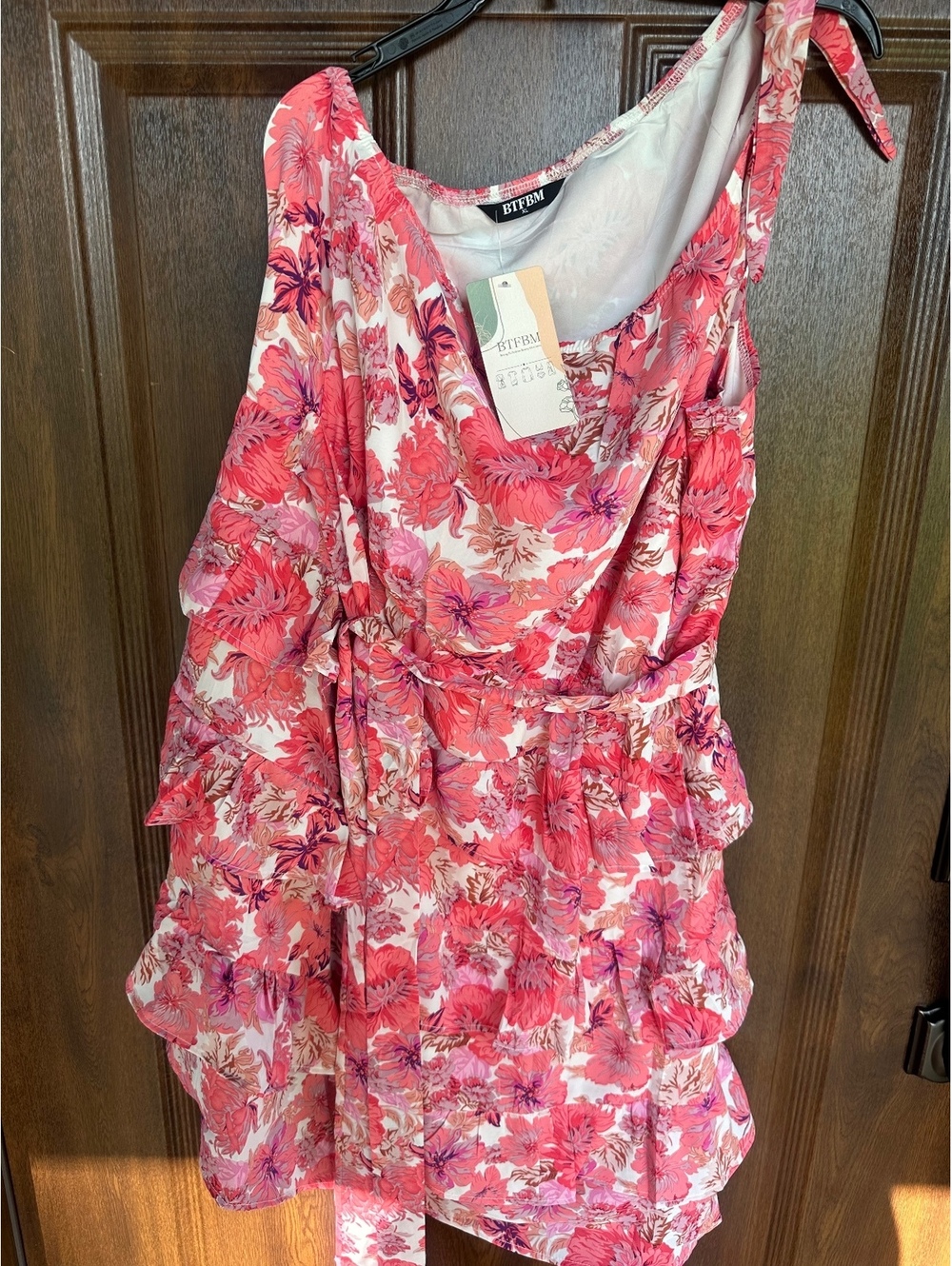 NWT BTFBM Womens XL One Shoulder Floral Ruffle Wedding Guest Mini Dress Pink L